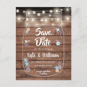 Rustic Wood Mason Jar String Lights Save the Date Uitnodiging Briefkaart