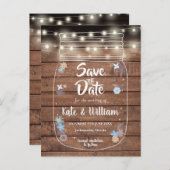 Rustic Wood Mason Jar String Lights Save the Date Uitnodiging Briefkaart (Voorkant / Achterkant)