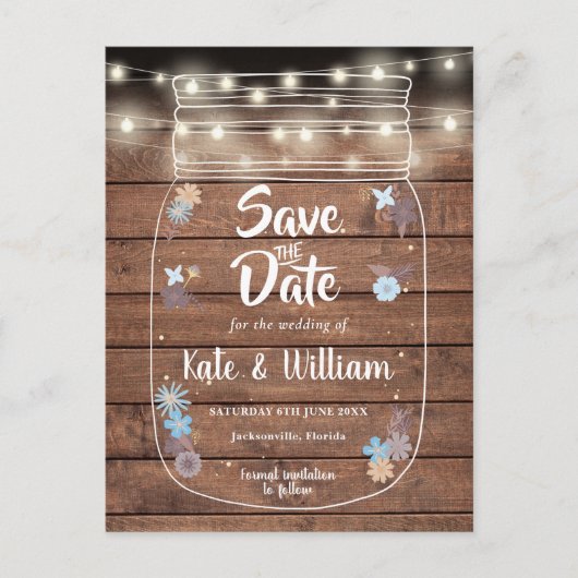 Rustic Wood Mason Jar String Lights Save the Date Uitnodiging Briefkaart (Voorkant)
