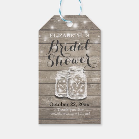 Rustic Wood Mason Jar String Lights Vrijgezellenfe Cadeaulabel (Voorkant)