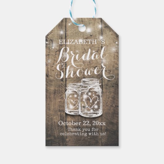 Rustic Wood Mason Jar String Lights Vrijgezellenfe Cadeaulabel (Voorkant)