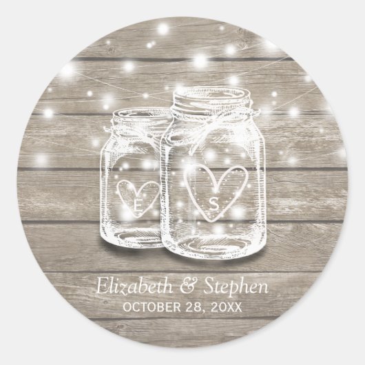 Rustic Wood Mason Jar String Lights Wedding Favor Ronde Sticker (Voorkant)