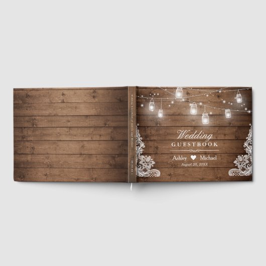 Rustic Wood Mason Jar String Lights Wedding Gastenboek (Volledig)