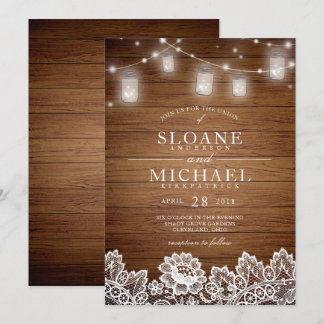 Rustic Wood Mason Jar String Lights Wedding Kaart