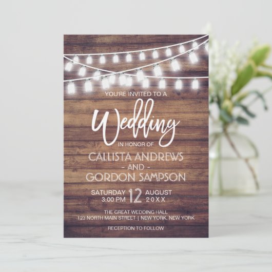 Rustic Wood Mason Jar String Lights Wedding Kaart (Staand voorkant)