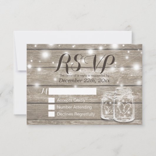 Rustic Wood & Mason Jar String Lights Wedding RSVP (Voorkant)