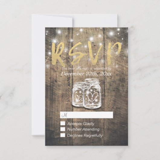 Rustic Wood & Mason Jar String Lights Wedding RSVP Kaartje (Voorkant)