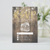 Rustic Wood & Mason Jar String Lights Wedding RSVP Kaartje (Staand voorkant)