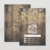 Rustic Wood & Mason Jar String Lights Wedding RSVP Kaartje (Voorkant / Achterkant)