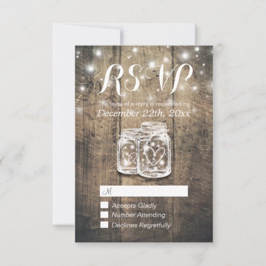 Rustic Wood & Mason Jar String Lights Wedding RSVP Kaartje (Voorkant)