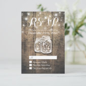 Rustic Wood & Mason Jar String Lights Wedding RSVP Kaartje (Staand voorkant)