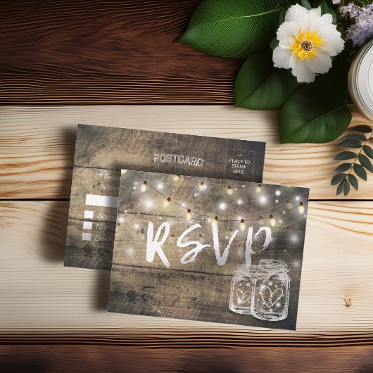 Rustic Wood & Mason Jar String Lights Wedding RSVP Uitnodiging Briefkaart