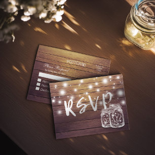 Rustic Wood & Mason Jar String Lights Wedding RSVP Uitnodiging Briefkaart