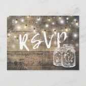 Rustic Wood & Mason Jar String Lights Wedding RSVP Uitnodiging Briefkaart (Voorkant)