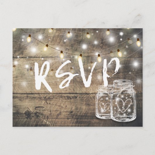 Rustic Wood & Mason Jar String Lights Wedding RSVP Uitnodiging Briefkaart (Voorkant)