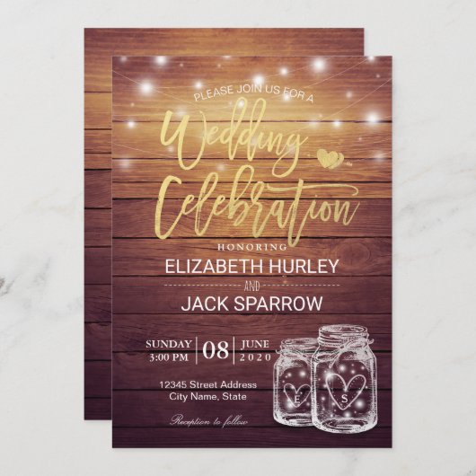 Rustic Wood Mason Jar String Lights Wedding Shower Kaart (Voorkant / Achterkant)