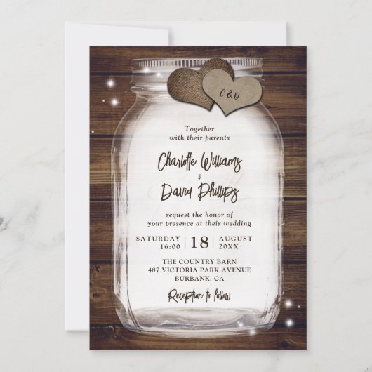 Rustic Wood Mason Jar Wedding Invitations Kaart (Voorkant)