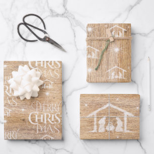 Rustic Wood Merry CHRISTmas Geboorte Christelijke Inpakpapier Vel
