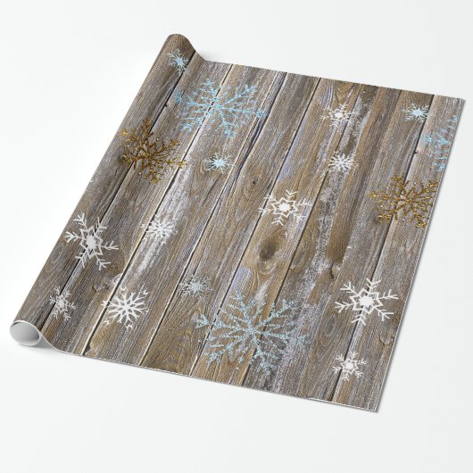 Rustic Wood met blauw en gouden Snowflakes Christm Cadeaupapier (Uitgerold)