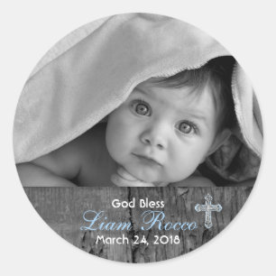Rustic Wood met  Cross Baptism Foto Ronde Sticker
