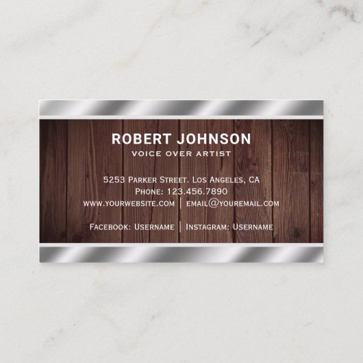 Rustic Wood Metallic Microfoon Voice Over Artiest Visitekaartje (Achterkant)