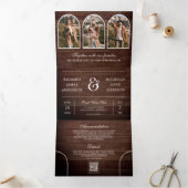 Rustic Wood Minimal Arch Photo QR code Wedding Drieluik Uitnodiging (Binnen)