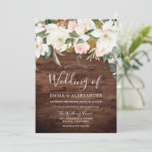 Rustic Wood Modern Blush & White Flowers Wedding Kaart (Staand voorkant)