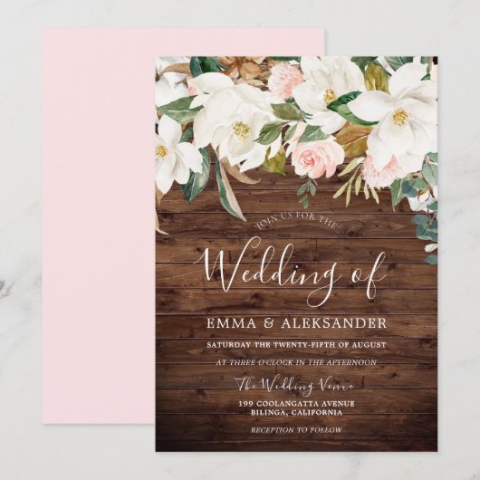 Rustic Wood Modern Blush & White Flowers Wedding Kaart (Voorkant / Achterkant)