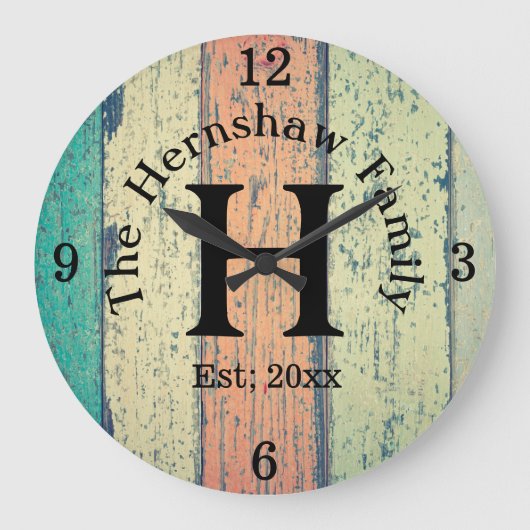 Rustic Wood Monogram Family Grote Klok (Voorkant)