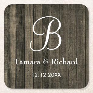 Rustic Wood Monogrammed Wedding Vierkante Kartonnen Onderzetter