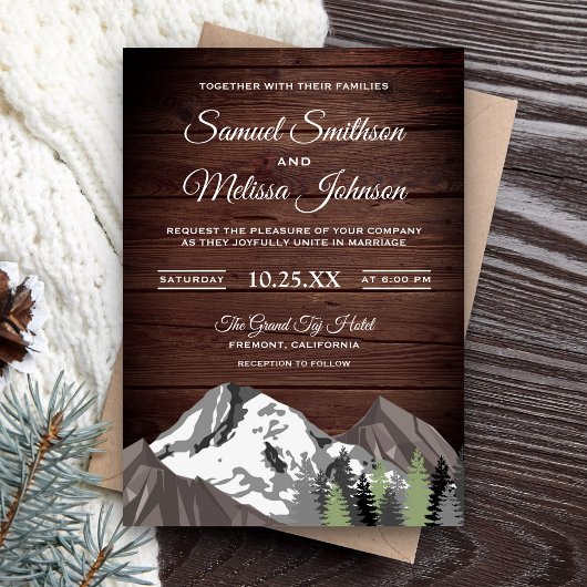 Rustic Wood Mountain Forest Wedding Invitation Kaart