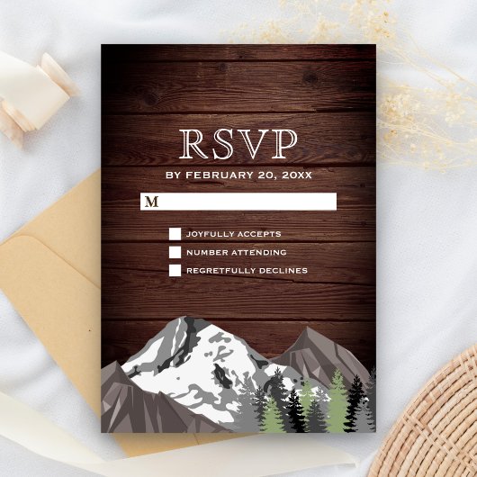 Rustic Wood Mountain Forest Wedding RSVP Kaartje