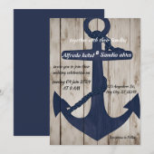 Rustic Wood Navy Blue Anchor Nautical Wedding Kaart (Voorkant / Achterkant)