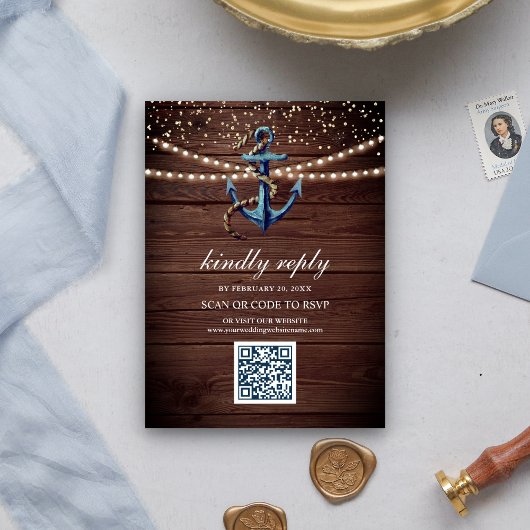 Rustic Wood Navy Blue Anchor QR Code RSVP Weddensc Informatiekaartje