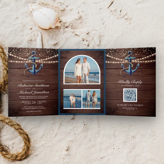 Rustic Wood Navy Blue Anchor QR Code Weddenschap Drieluik Uitnodiging