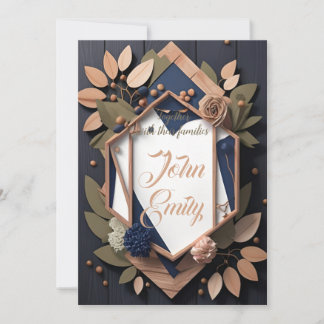 Rustic Wood Navy Blue Blush Pink Geometric Wedding Kaart