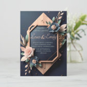 Rustic Wood Navy Blue Blush Pink Geometric Wedding Kaart (Staand voorkant)