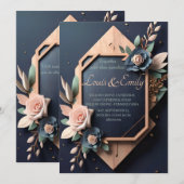 Rustic Wood Navy Blue Blush Pink Geometric Wedding Kaart (Voorkant / Achterkant)