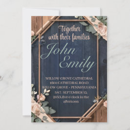 Rustic Wood Navy Blue Blush Pink Geometric Wedding Kaart