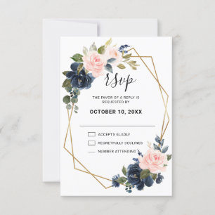 Rustic Wood Navy Blue Blush Pink Geometric Wedding RSVP Kaartje