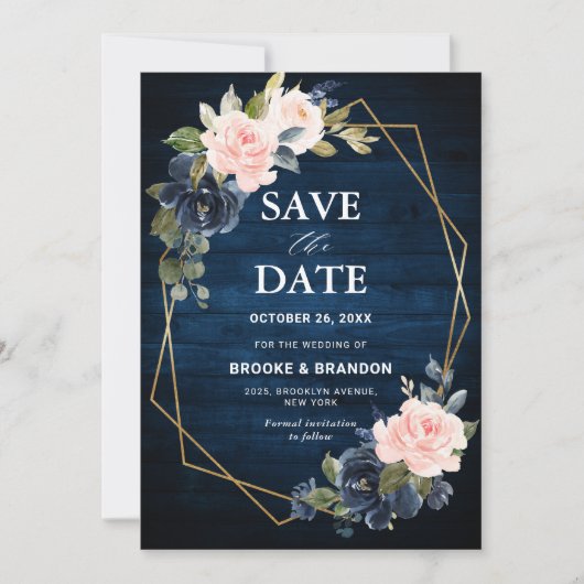 Rustic Wood Navy Blue Blush Pink Geometric Wedding Save The Date (Voorkant)