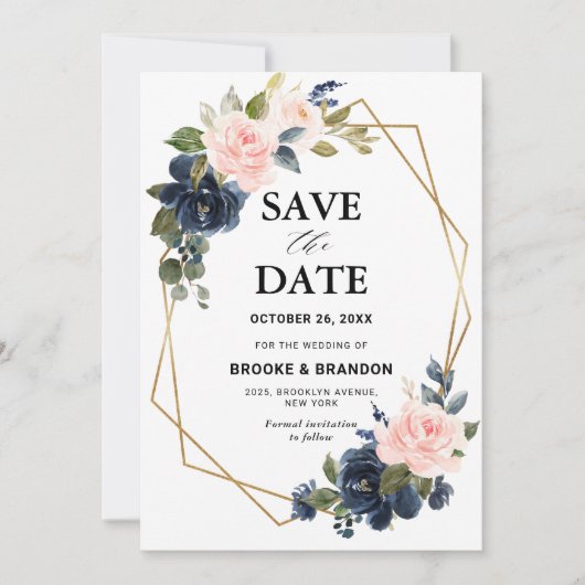 Rustic Wood Navy Blue Blush Pink Geometric Wedding Save The Date (Voorkant)