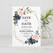 Rustic Wood Navy Blue Blush Pink Geometric Wedding Save The Date (Staand voorkant)