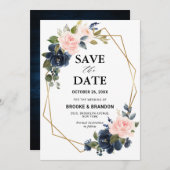 Rustic Wood Navy Blue Blush Pink Geometric Wedding Save The Date (Voorkant / Achterkant)