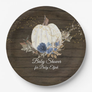 Rustic Wood Navy Blue Floral Pumpkin Baby shower Papieren Bordje