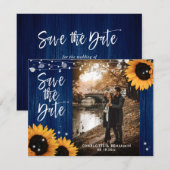Rustic Wood Navy Blue Sunflower Weddenfoto Save The Date (Voorkant / Achterkant)