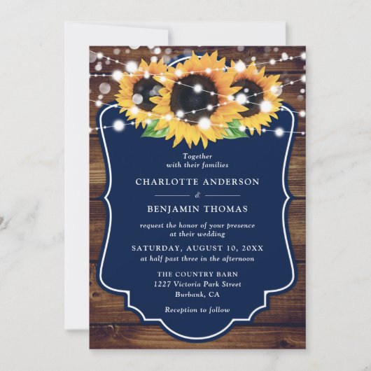 Rustic Wood Navy Blue Sunflower Wedding Kaart (Voorkant)