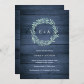 Rustic Wood Navy Blue Waterverf krans bruiloft Kaart (Voorkant / Achterkant)