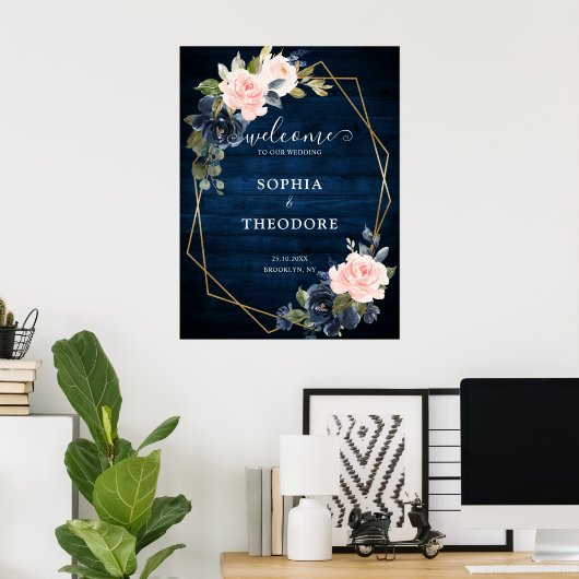 Rustic Wood Navy Blush Geometric Weddenschap Welko Poster (Thuiskantoor)
