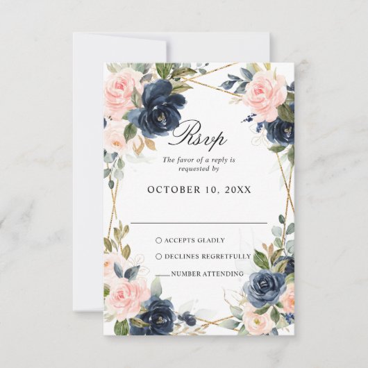 Rustic Wood Navy Blush Geometric Wedding RSVP Kaartje (Voorkant)